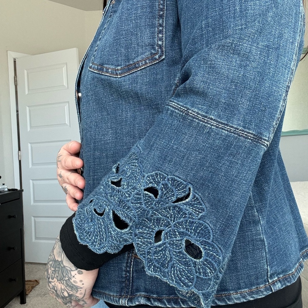 Chico's Blue Jean Jacket with Lace Sleeves - Picture 2 of 11